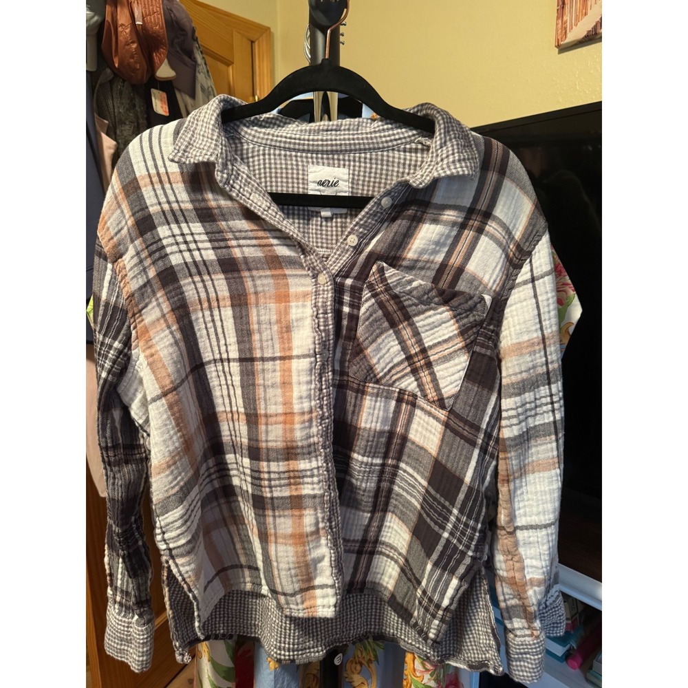 Aerie Women Brown White Gingham Plaid Button Down Shirt Long Sleeve Seersucker L